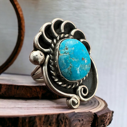 Turquoise ring - beautiful large cabochon on shadow box style base - Size 6 - Cowhide and Conchos