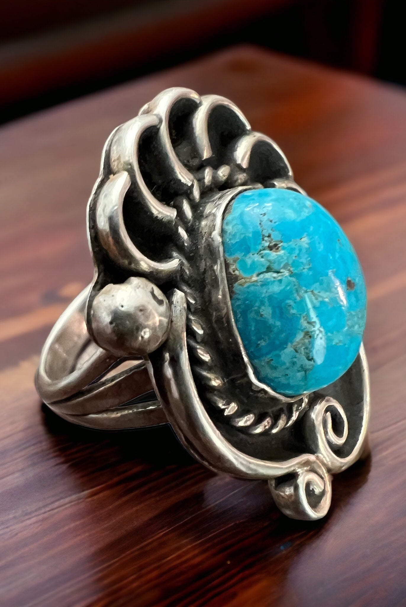 Turquoise ring - beautiful large cabochon on shadow box style base - Size 6 - Cowhide and Conchos