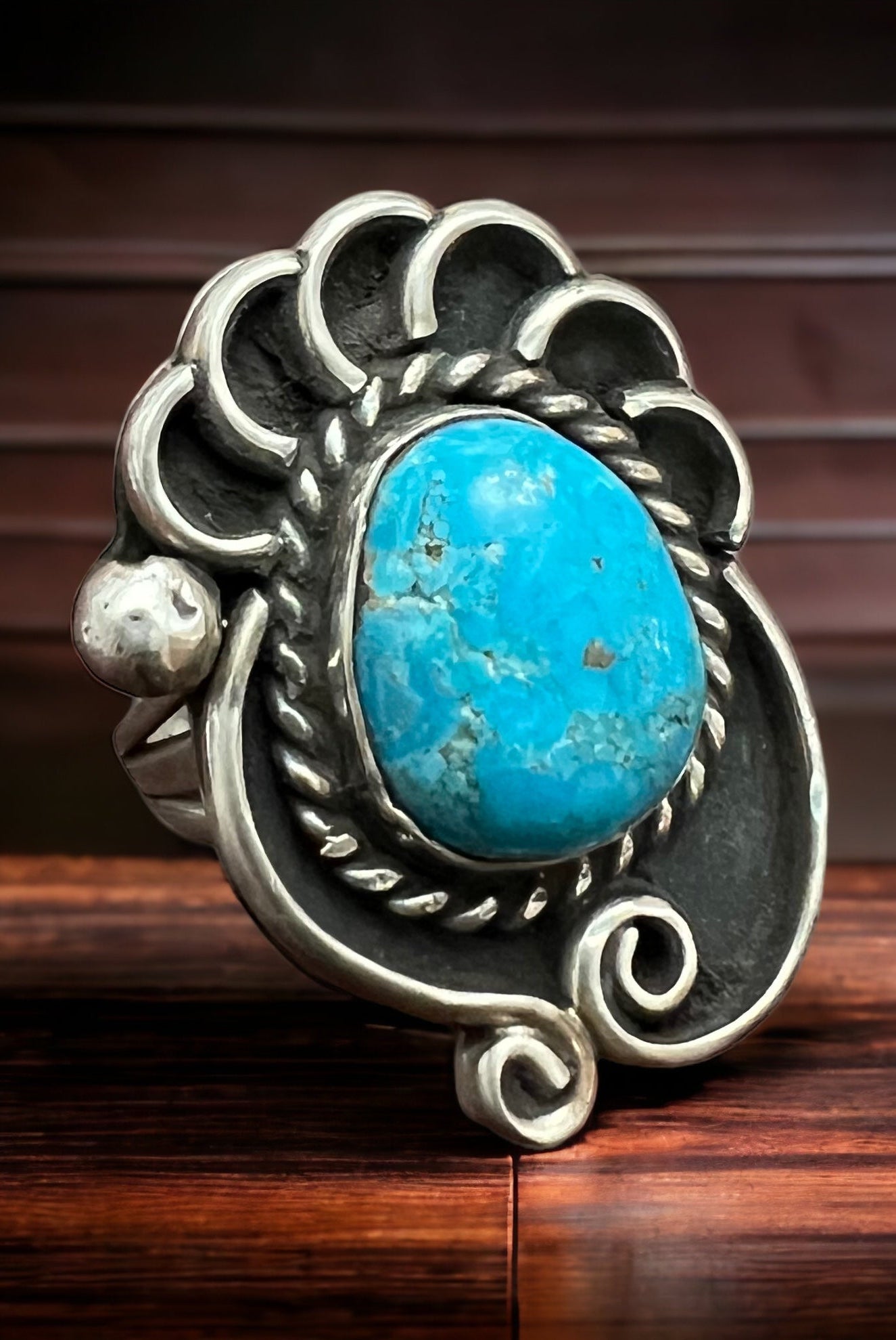 Turquoise ring - beautiful large cabochon on shadow box style base - Size 6 - Cowhide and Conchos