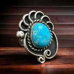Turquoise ring - beautiful large cabochon on shadow box style base - Size 6 - Cowhide and Conchos