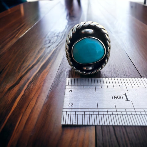 Turquoise ring - beautiful large cabochon on sterling oval shadow box style base - Size 7.5 - Cowhide and Conchos