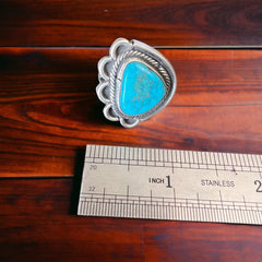 Turquoise ring - gorgeous cabochon and flower base style - Size 7 - Cowhide and Conchos