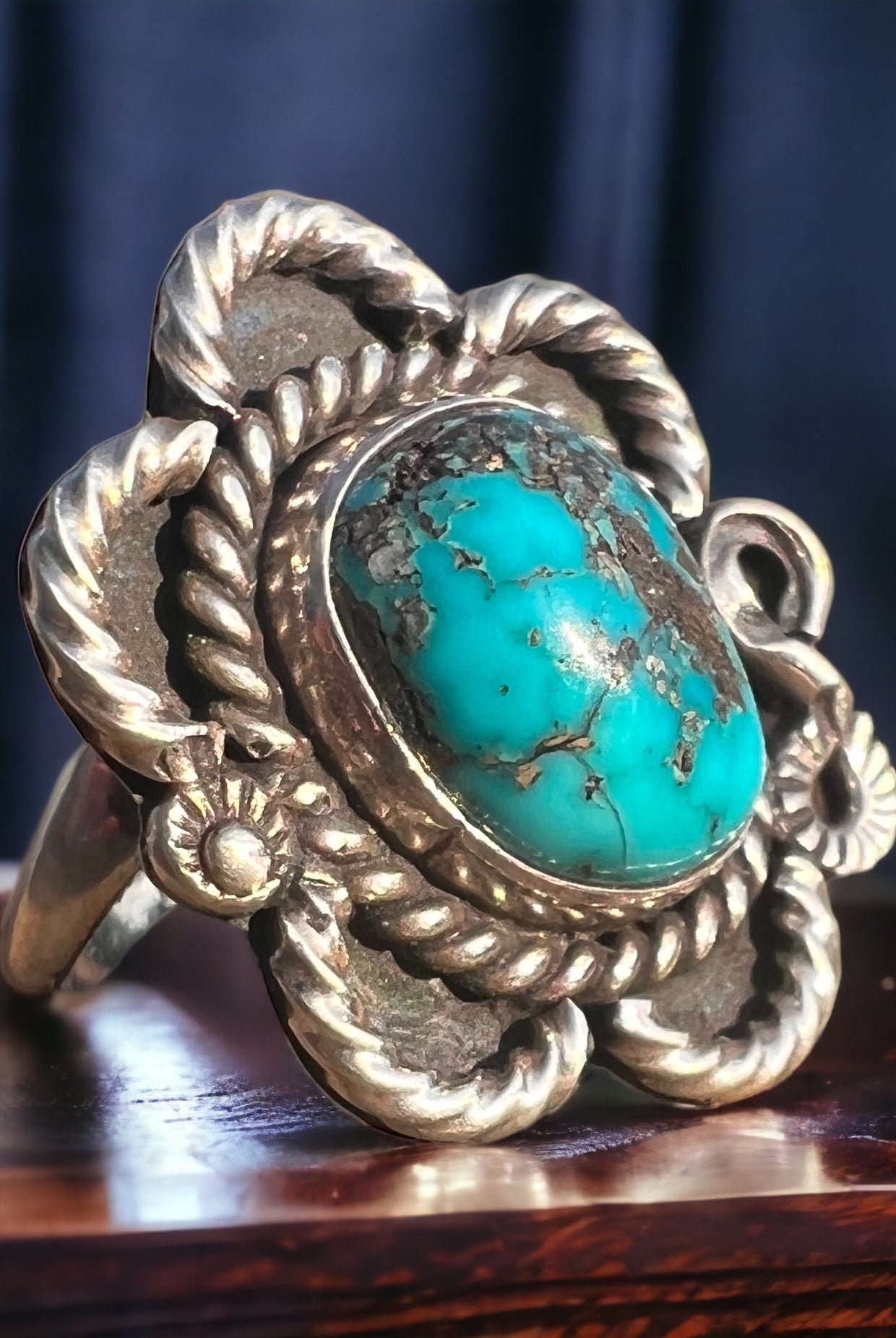 Turquoise ring - gorgeous cabochon on flower shaped sterling base - size 5 - Cowhide and Conchos