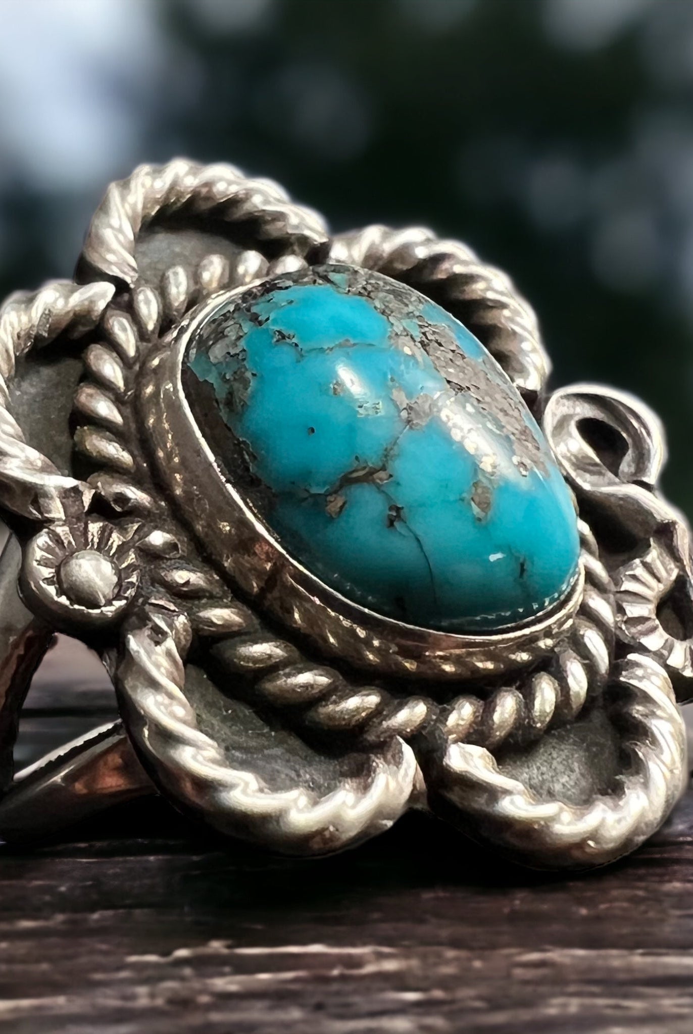 Turquoise ring - gorgeous cabochon on flower shaped sterling base - size 5 - Cowhide and Conchos