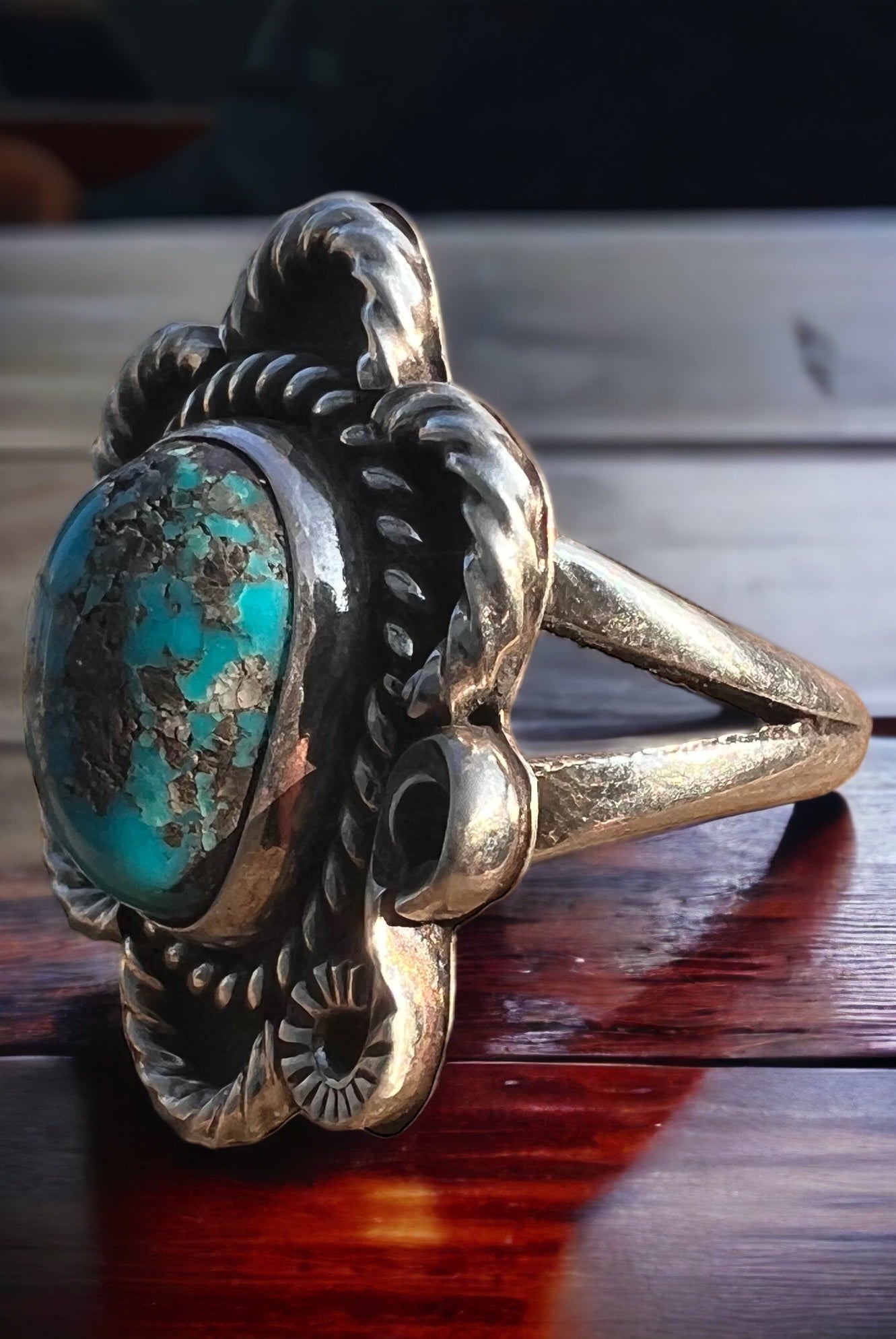 Turquoise ring - gorgeous cabochon on flower shaped sterling base - size 5 - Cowhide and Conchos