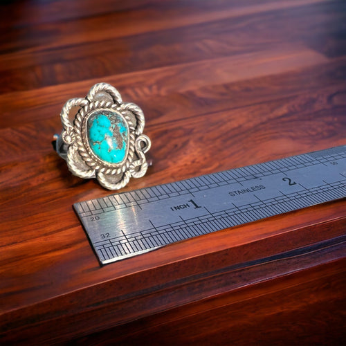 Turquoise ring - gorgeous cabochon on flower shaped sterling base - size 5 - Cowhide and Conchos