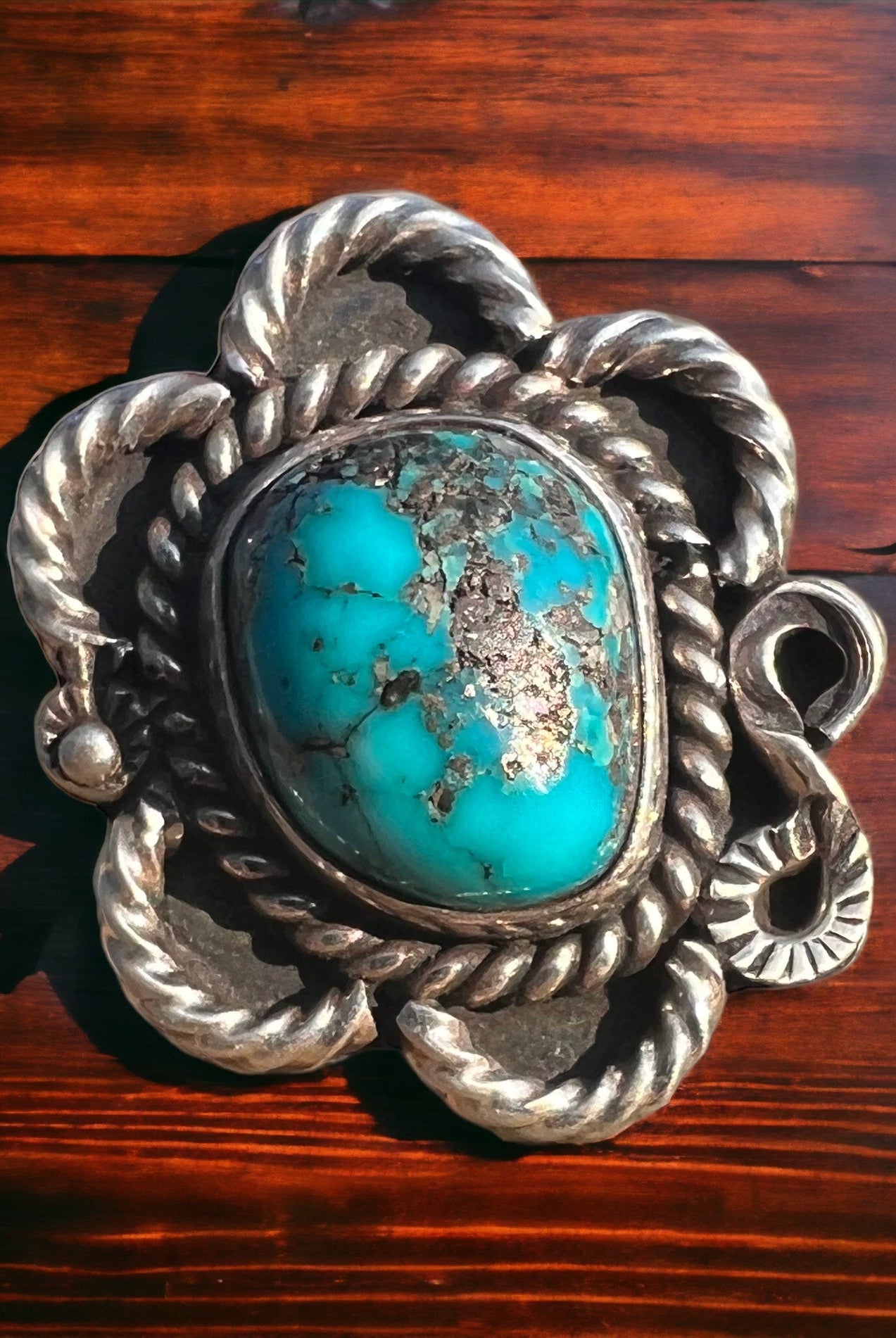 Turquoise ring - gorgeous cabochon on flower shaped sterling base - size 5 - Cowhide and Conchos
