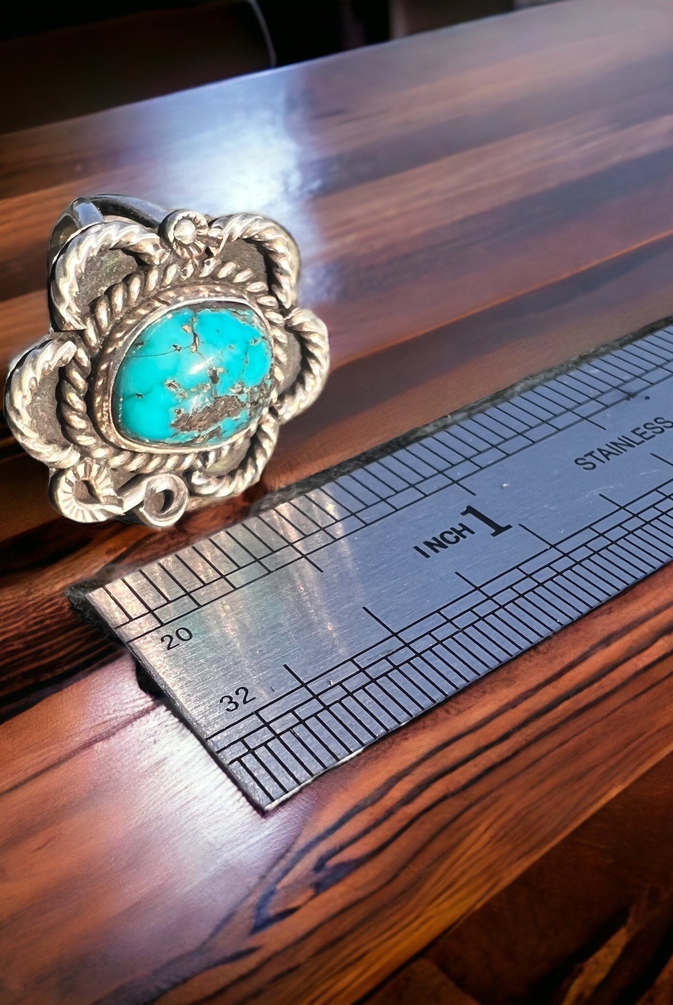 Turquoise ring - gorgeous cabochon on flower shaped sterling base - size 5 - Cowhide and Conchos