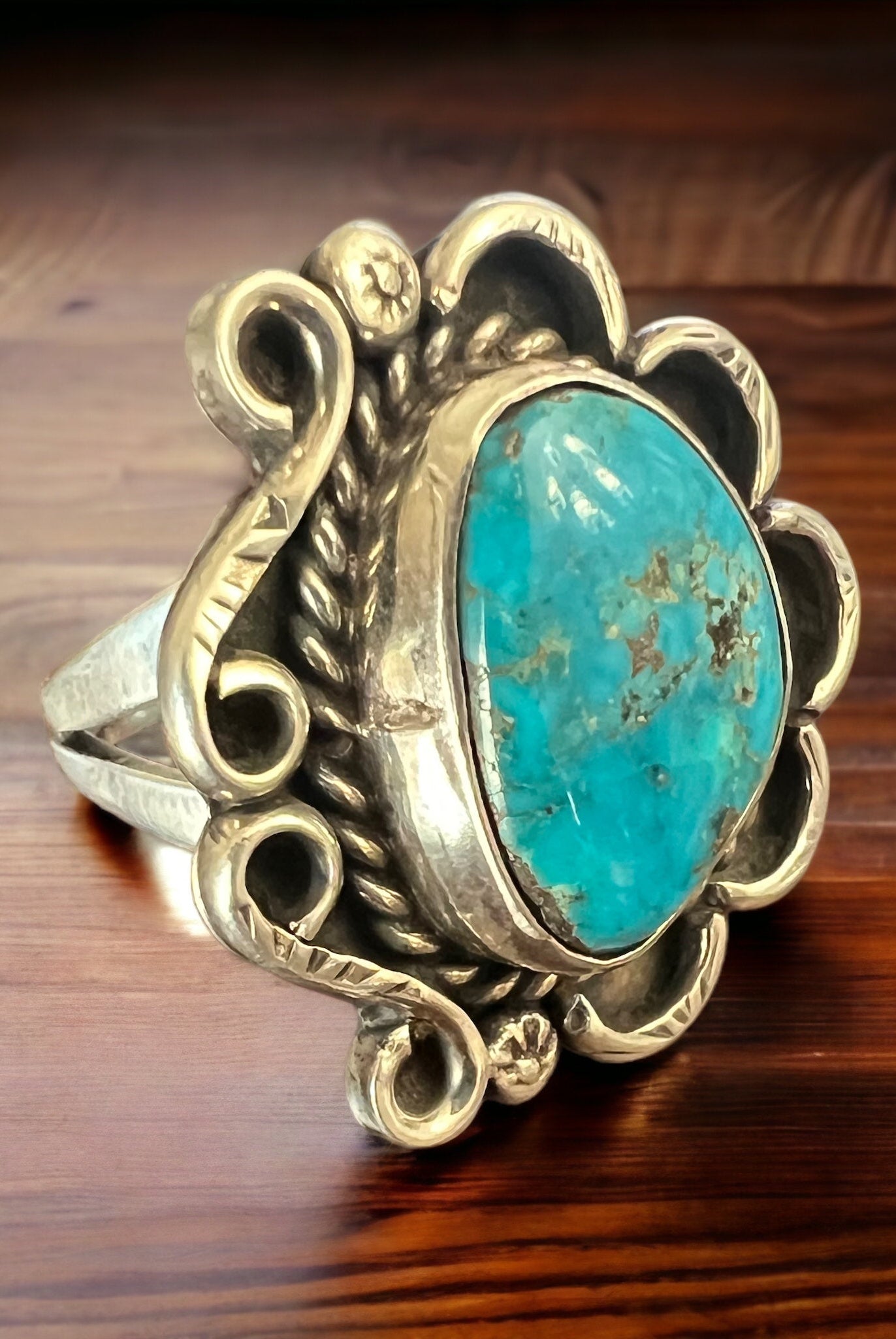 Turquoise ring - gorgeous cabochon on hand stamped sterling - Hallmark RJ - size 7 - Cowhide and Conchos
