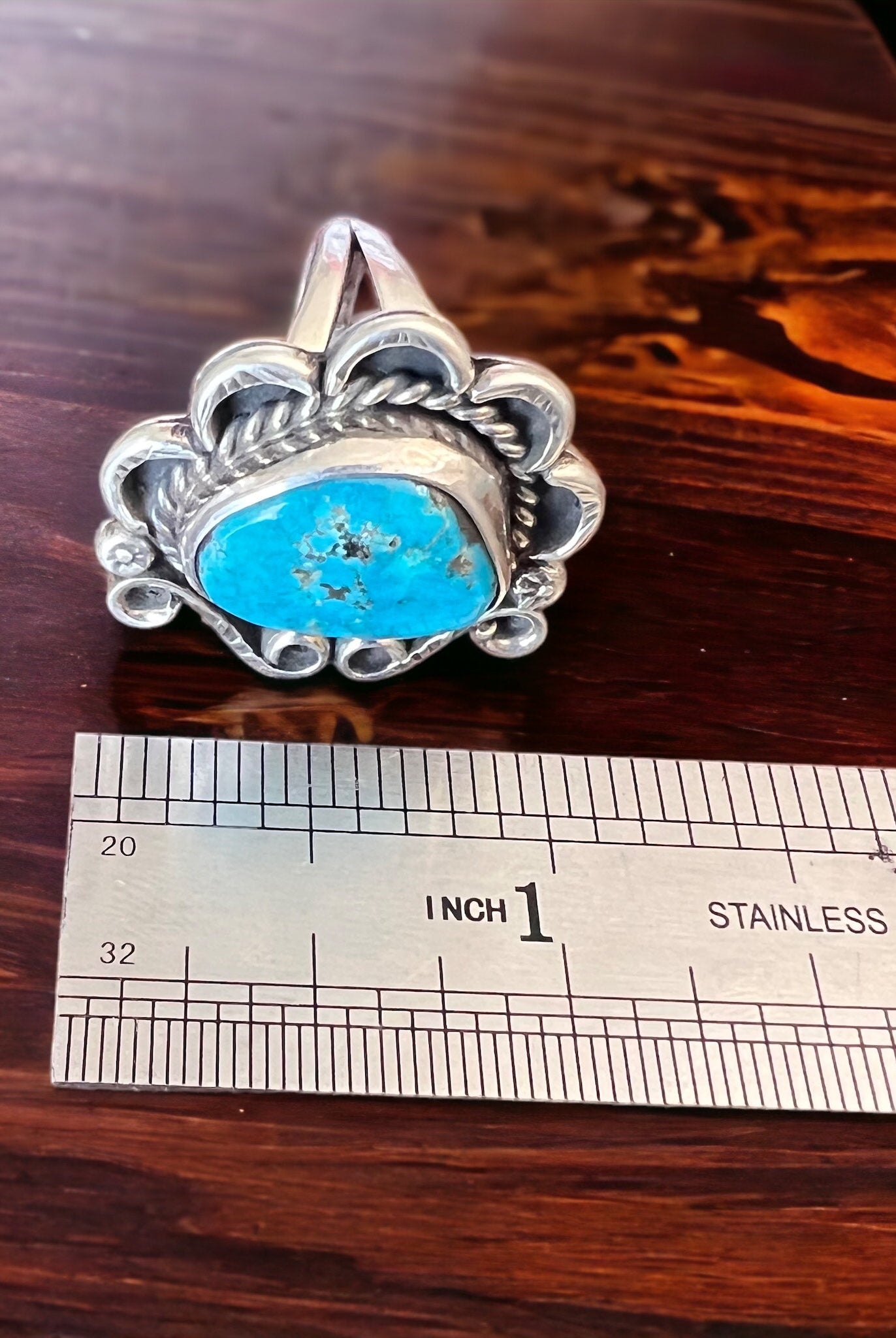 Turquoise ring - gorgeous cabochon on hand stamped sterling - Hallmark RJ - size 7 - Cowhide and Conchos