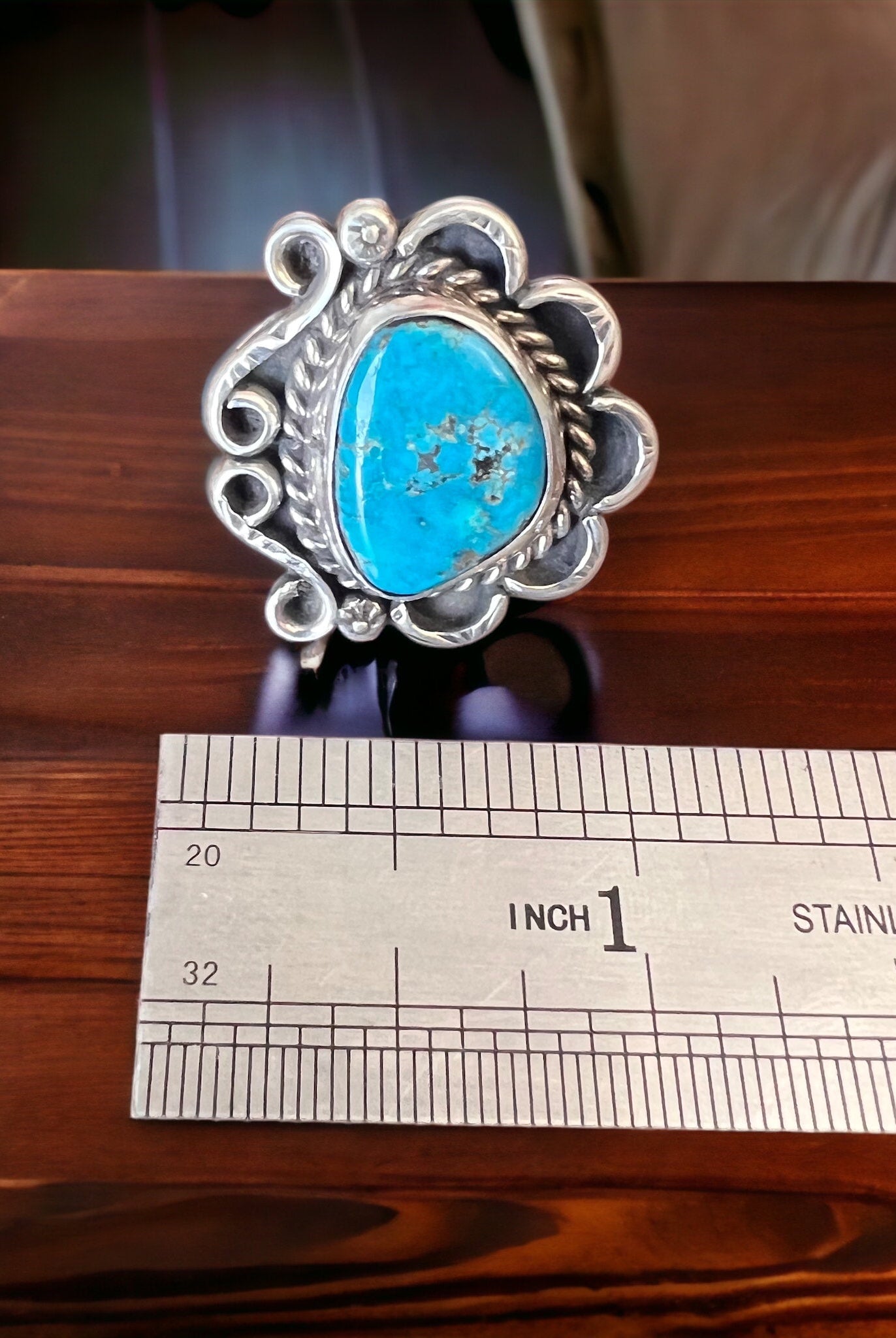 Turquoise ring - gorgeous cabochon on hand stamped sterling - Hallmark RJ - size 7 - Cowhide and Conchos