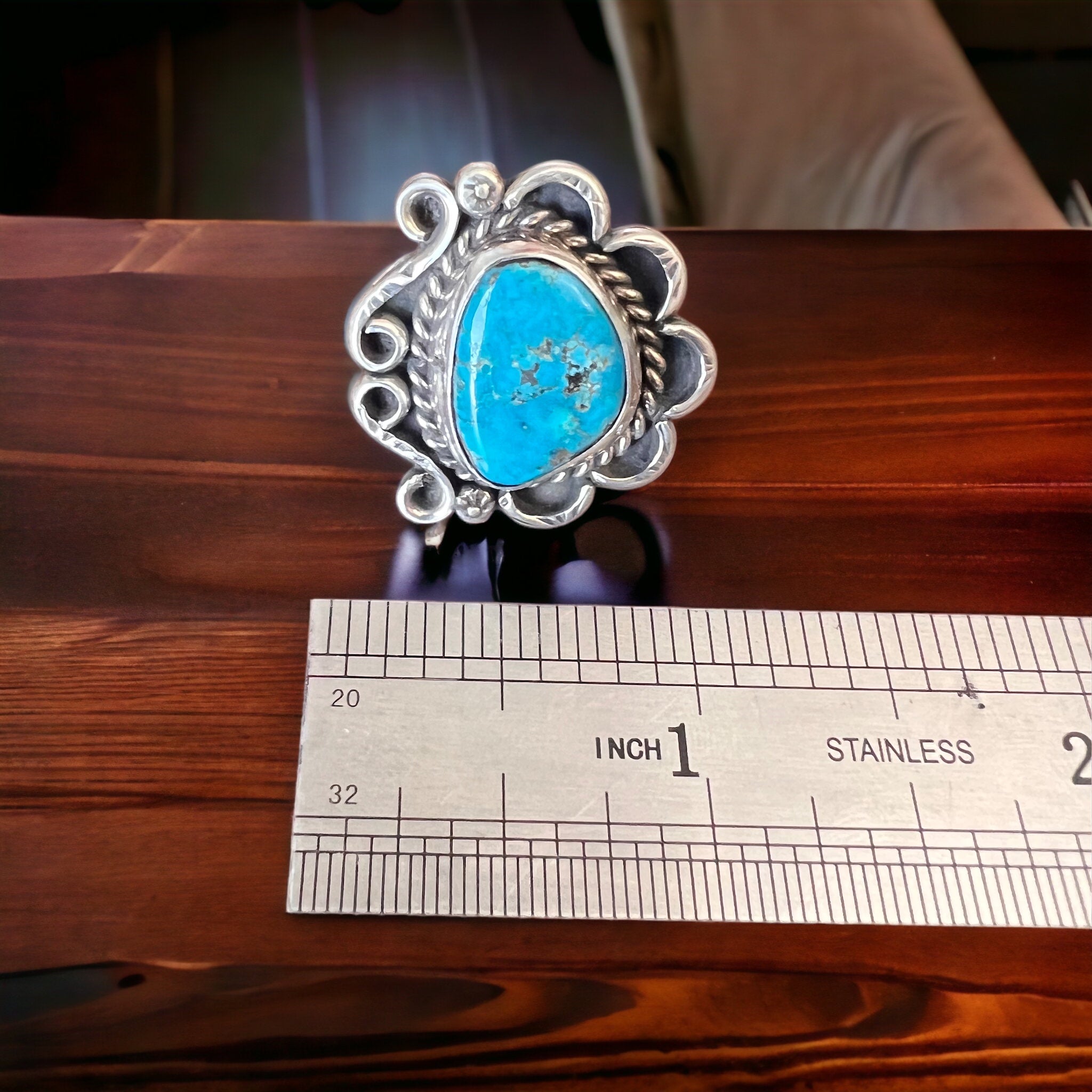Turquoise ring - gorgeous cabochon on hand stamped sterling - Hallmark RJ - size 7 - Cowhide and Conchos