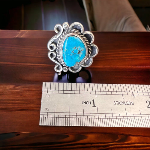 Turquoise ring - gorgeous cabochon on hand stamped sterling - Hallmark RJ - size 7 - Cowhide and Conchos