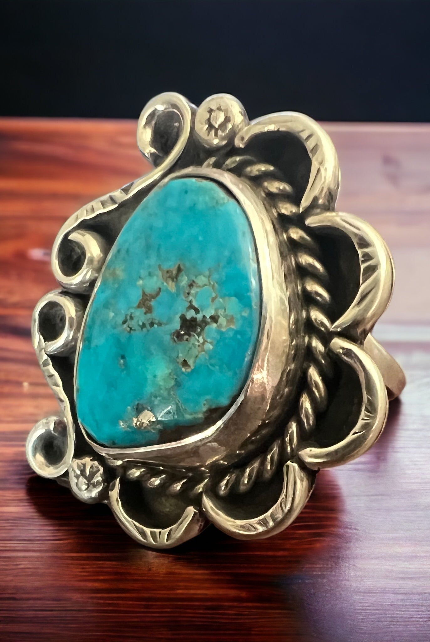 Turquoise ring - gorgeous cabochon on hand stamped sterling - Hallmark RJ - size 7 - Cowhide and Conchos