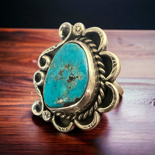 Turquoise ring - gorgeous cabochon on hand stamped sterling - Hallmark RJ - size 7 - Cowhide and Conchos