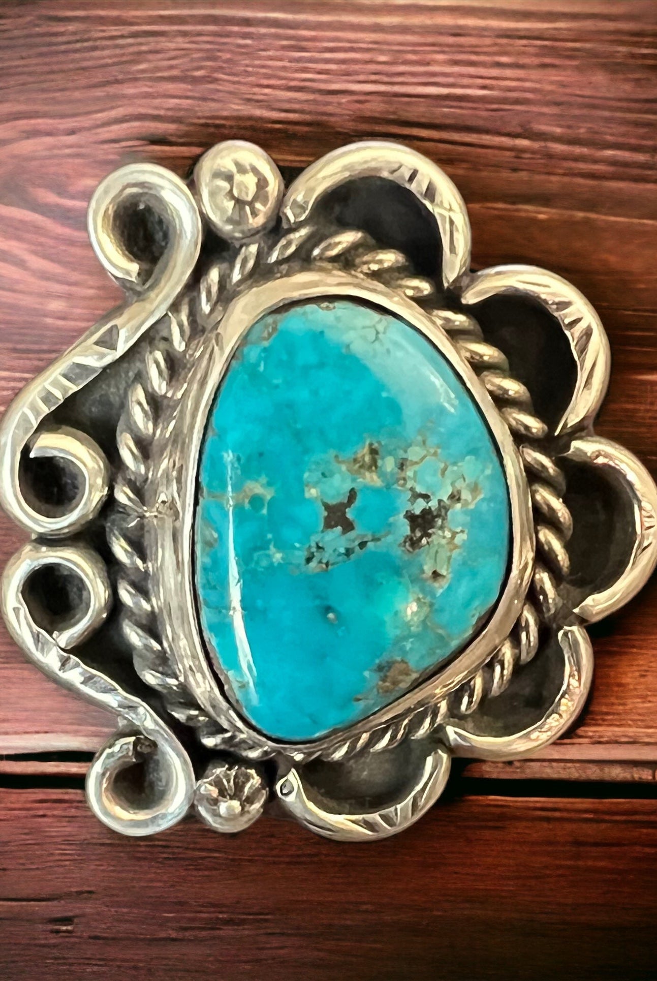 Turquoise ring - gorgeous cabochon on hand stamped sterling - Hallmark RJ - size 7 - Cowhide and Conchos