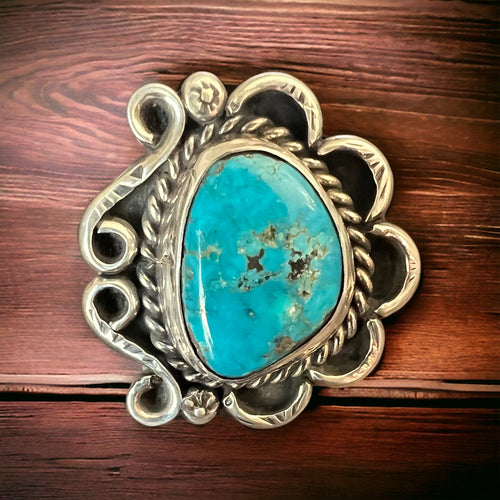 Turquoise ring - gorgeous cabochon on hand stamped sterling - Hallmark RJ - size 7 - Cowhide and Conchos