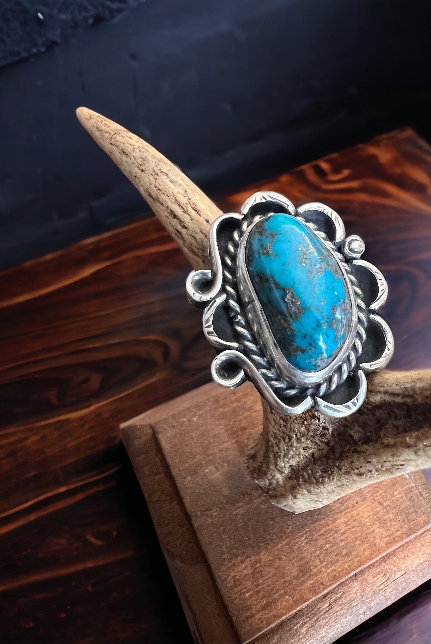 Turquoise ring - gorgeous large cabochon on sterling flower shaped base - size 7 - Cowhide and Conchos