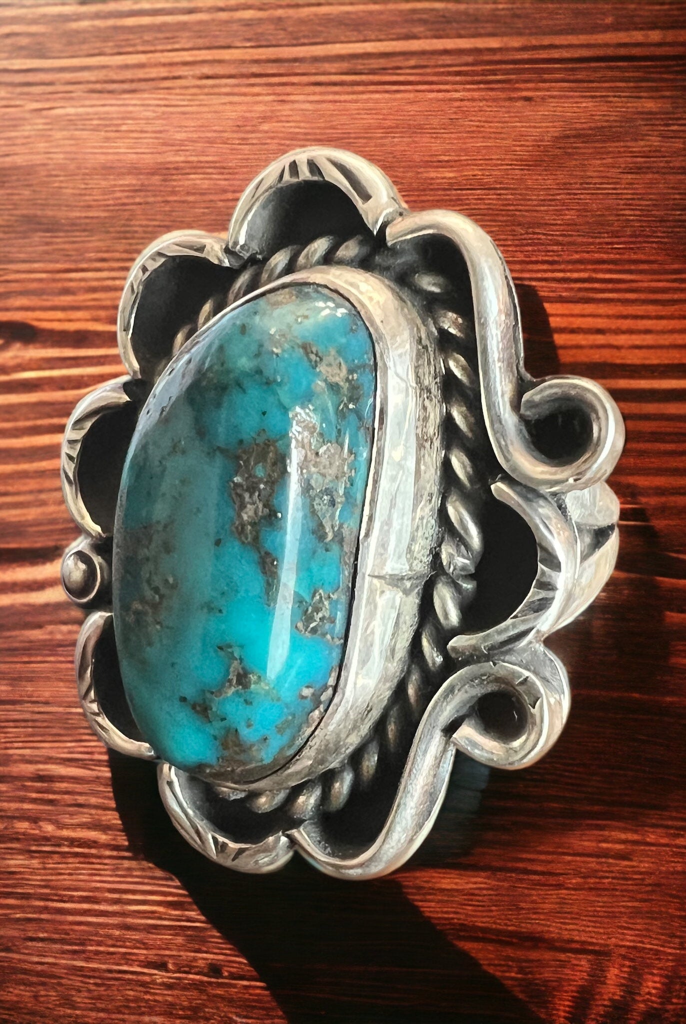 Turquoise ring - gorgeous large cabochon on sterling flower shaped base - size 7 - Cowhide and Conchos