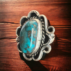 Turquoise ring - gorgeous large cabochon on sterling flower shaped base - size 7 - Cowhide and Conchos