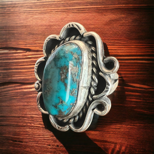 Turquoise ring - gorgeous large cabochon on sterling flower shaped base - size 7 - Cowhide and Conchos