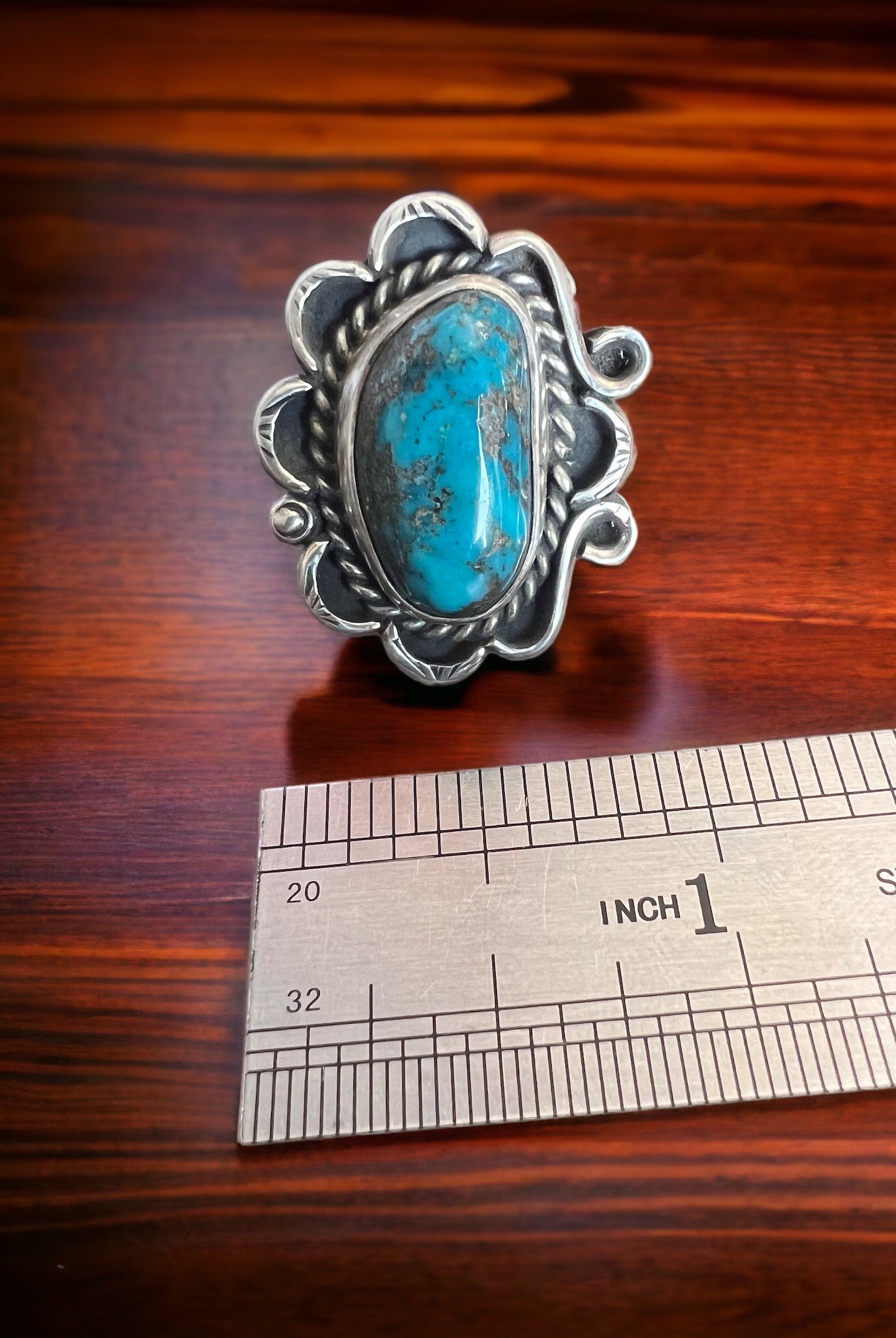 Turquoise ring - gorgeous large cabochon on sterling flower shaped base - size 7 - Cowhide and Conchos
