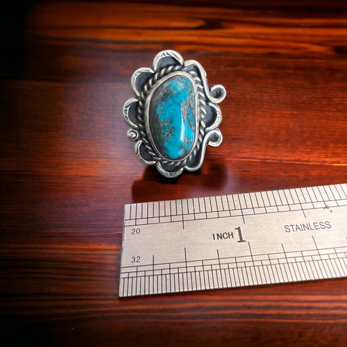 Turquoise ring - gorgeous large cabochon on sterling flower shaped base - size 7 - Cowhide and Conchos