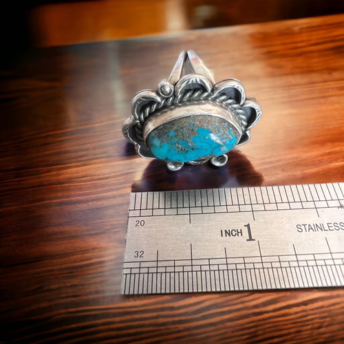 Turquoise ring - gorgeous large cabochon on sterling flower shaped base - size 7 - Cowhide and Conchos