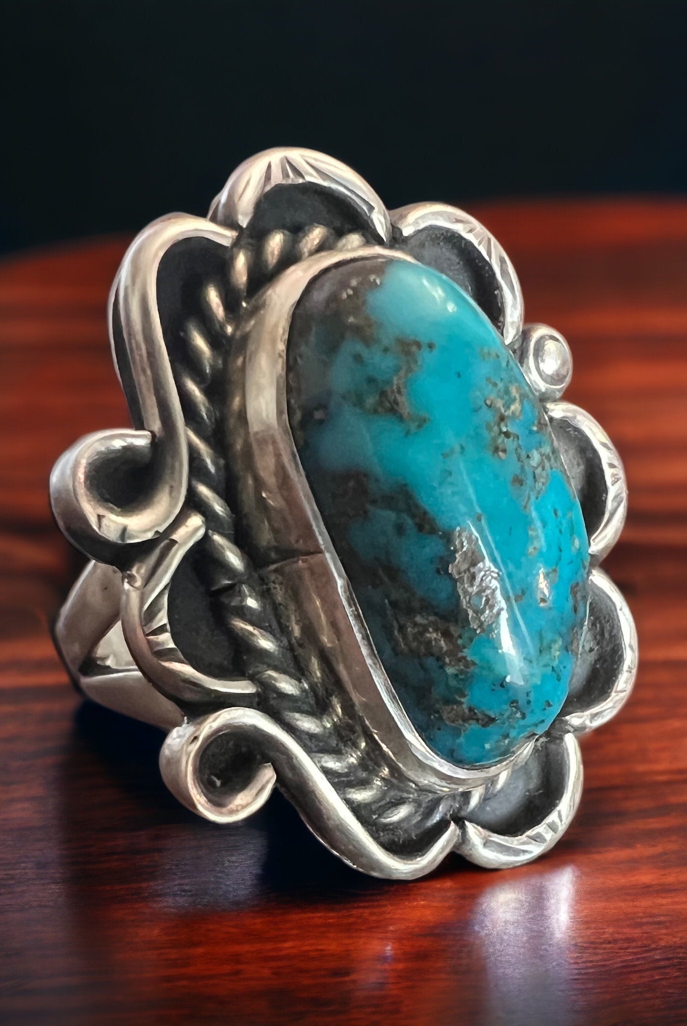Turquoise ring - gorgeous large cabochon on sterling flower shaped base - size 7 - Cowhide and Conchos