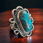 Turquoise ring - gorgeous large cabochon on sterling flower shaped base - size 7 - Cowhide and Conchos