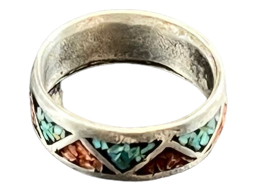 Turquoise ring - Turquoise inlay ring - size 6 - Cowhide and Conchos