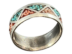 Turquoise ring - Turquoise inlay ring - size 6 - Cowhide and Conchos