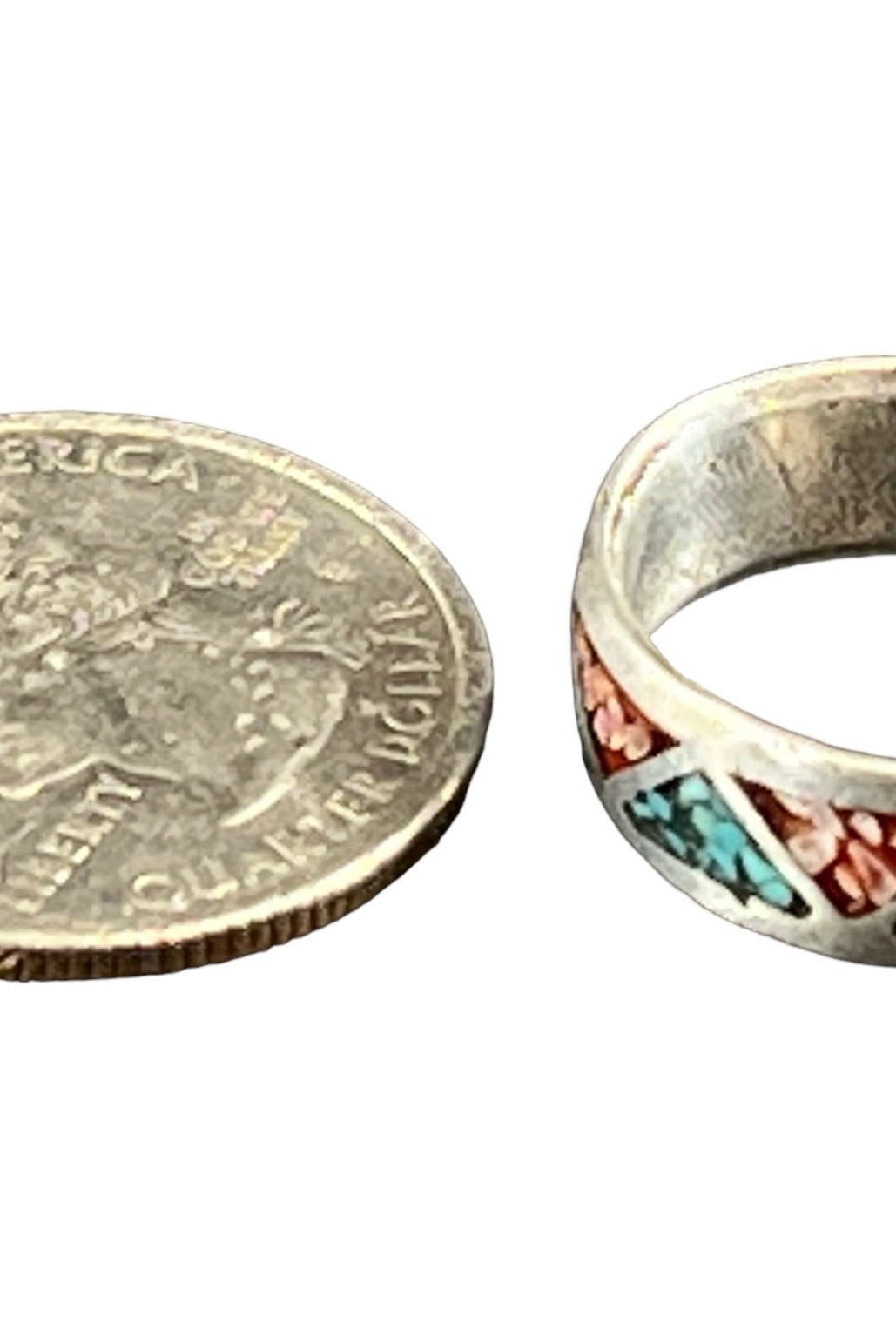 Turquoise ring - Turquoise inlay ring - size 6 - Cowhide and Conchos
