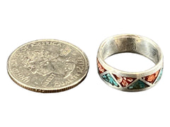 Turquoise ring - Turquoise inlay ring - size 6 - Cowhide and Conchos