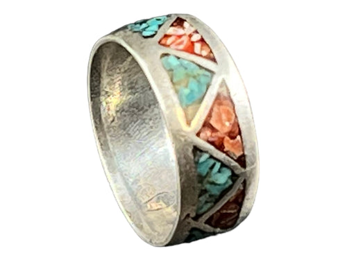 Turquoise ring - Turquoise inlay ring - size 6 - Cowhide and Conchos
