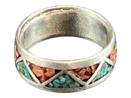 Turquoise ring - Turquoise inlay ring - size 6 - Cowhide and Conchos