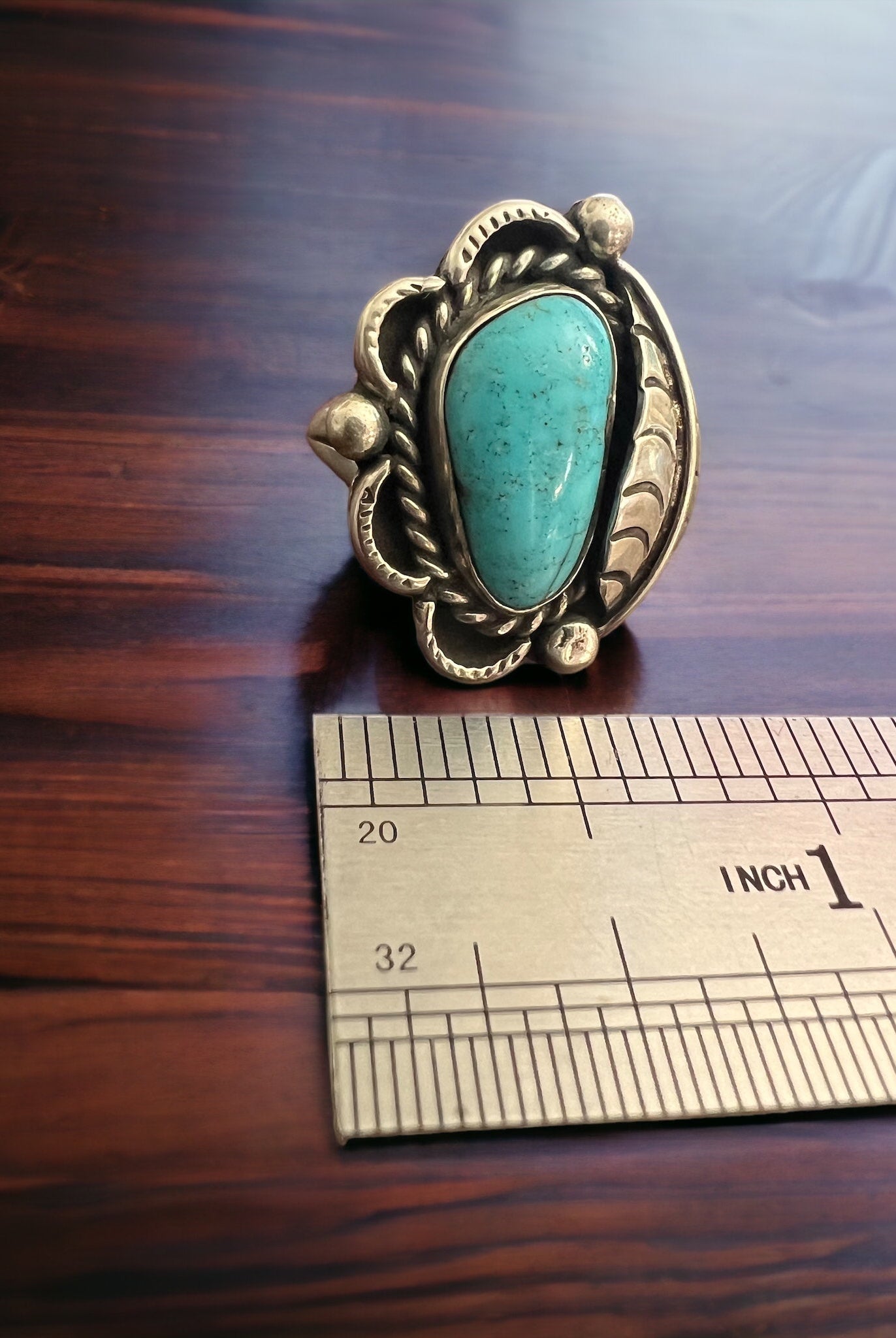 Turquoise ring - Turquoise on hand stamped sterling silver with leaf - Size 7 - Cowhide and Conchos