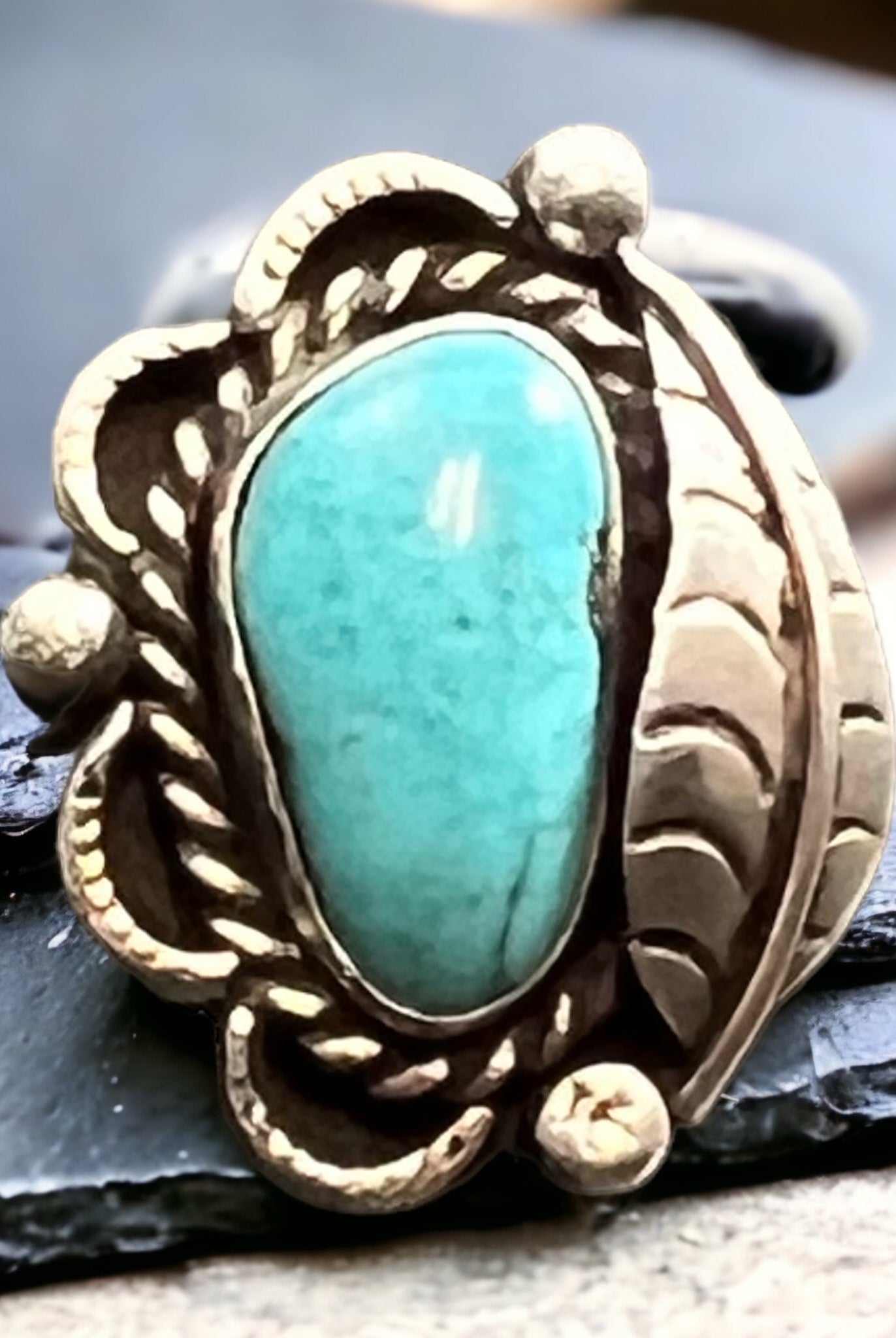 Turquoise ring - Turquoise on hand stamped sterling silver with leaf - Size 7 - Cowhide and Conchos