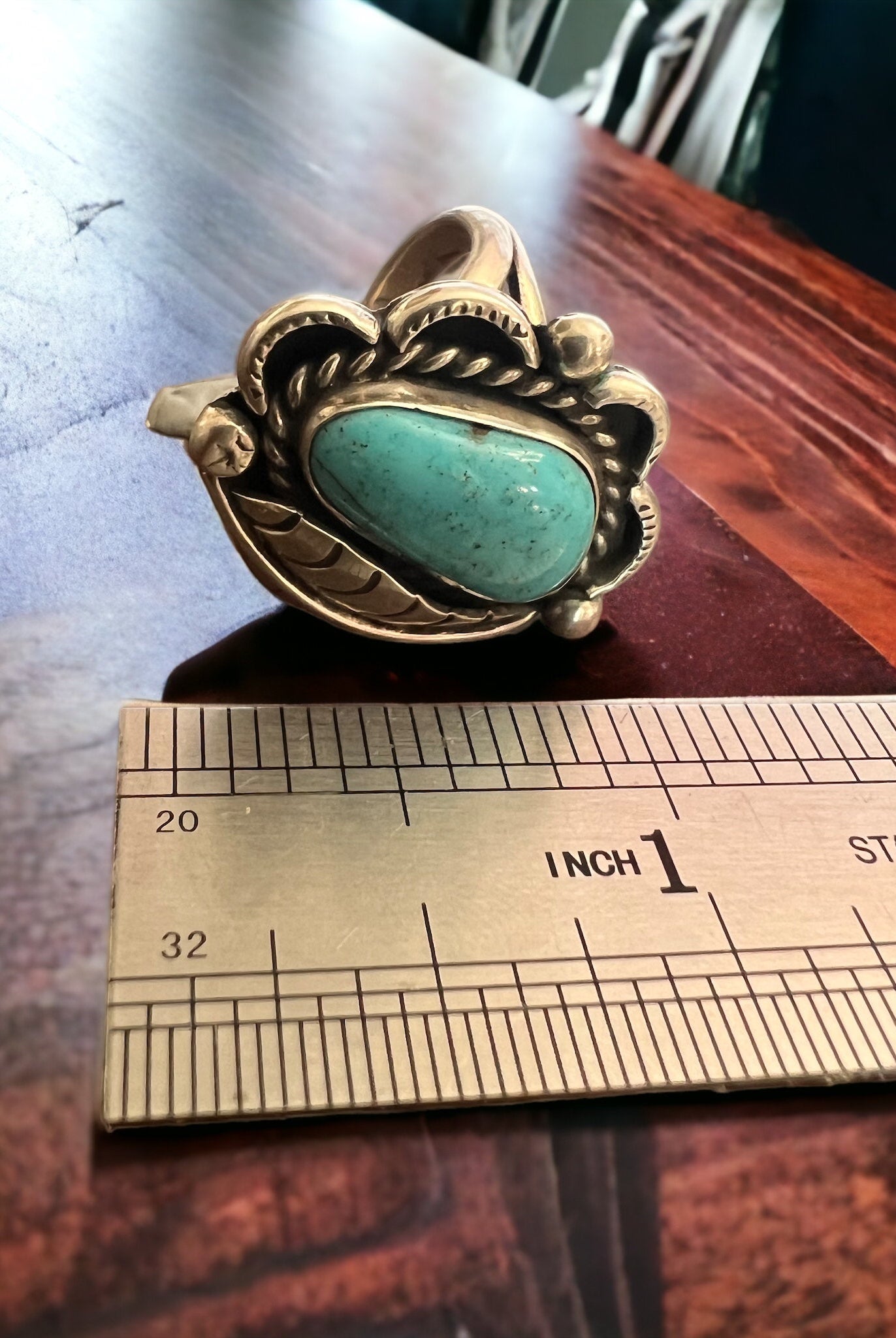 Turquoise ring - Turquoise on hand stamped sterling silver with leaf - Size 7 - Cowhide and Conchos