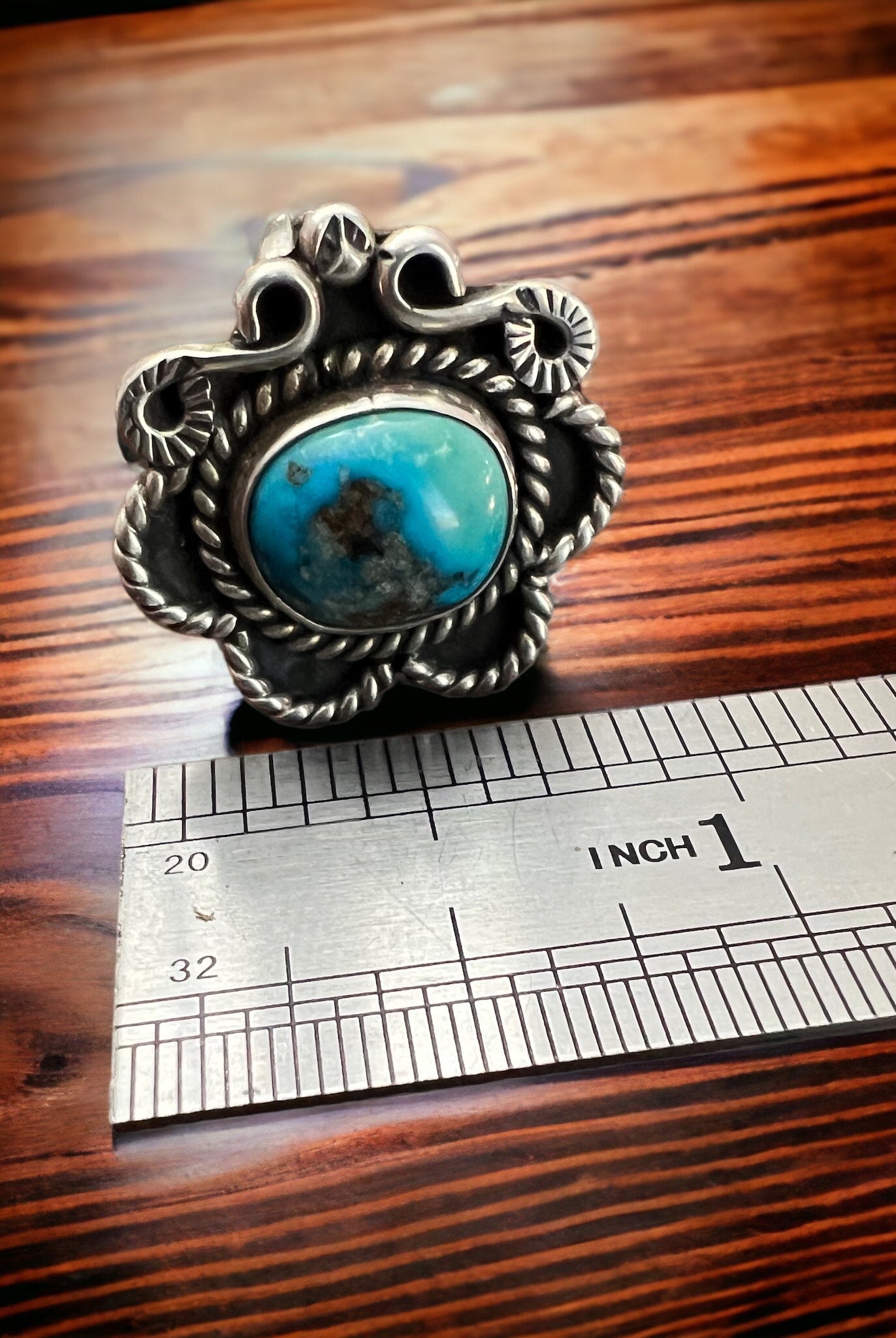 Turquoise ring - Turquoise on hand stamped sterling - size 5 - Cowhide and Conchos