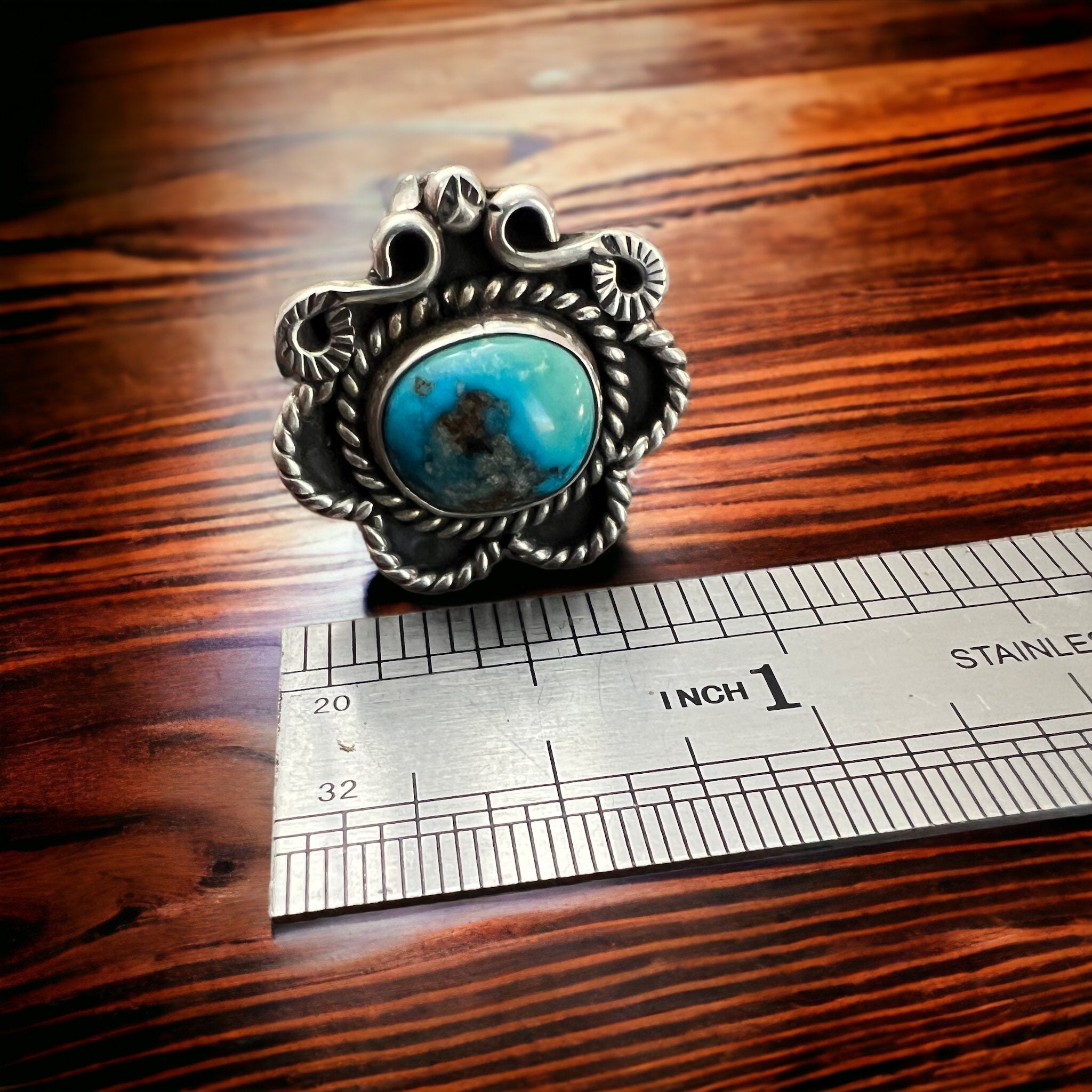 Turquoise ring - Turquoise on hand stamped sterling - size 5 - Cowhide and Conchos