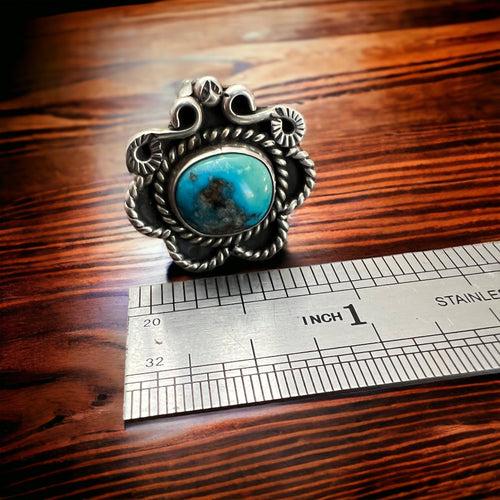 Turquoise ring - Turquoise on hand stamped sterling - size 5 - Cowhide and Conchos