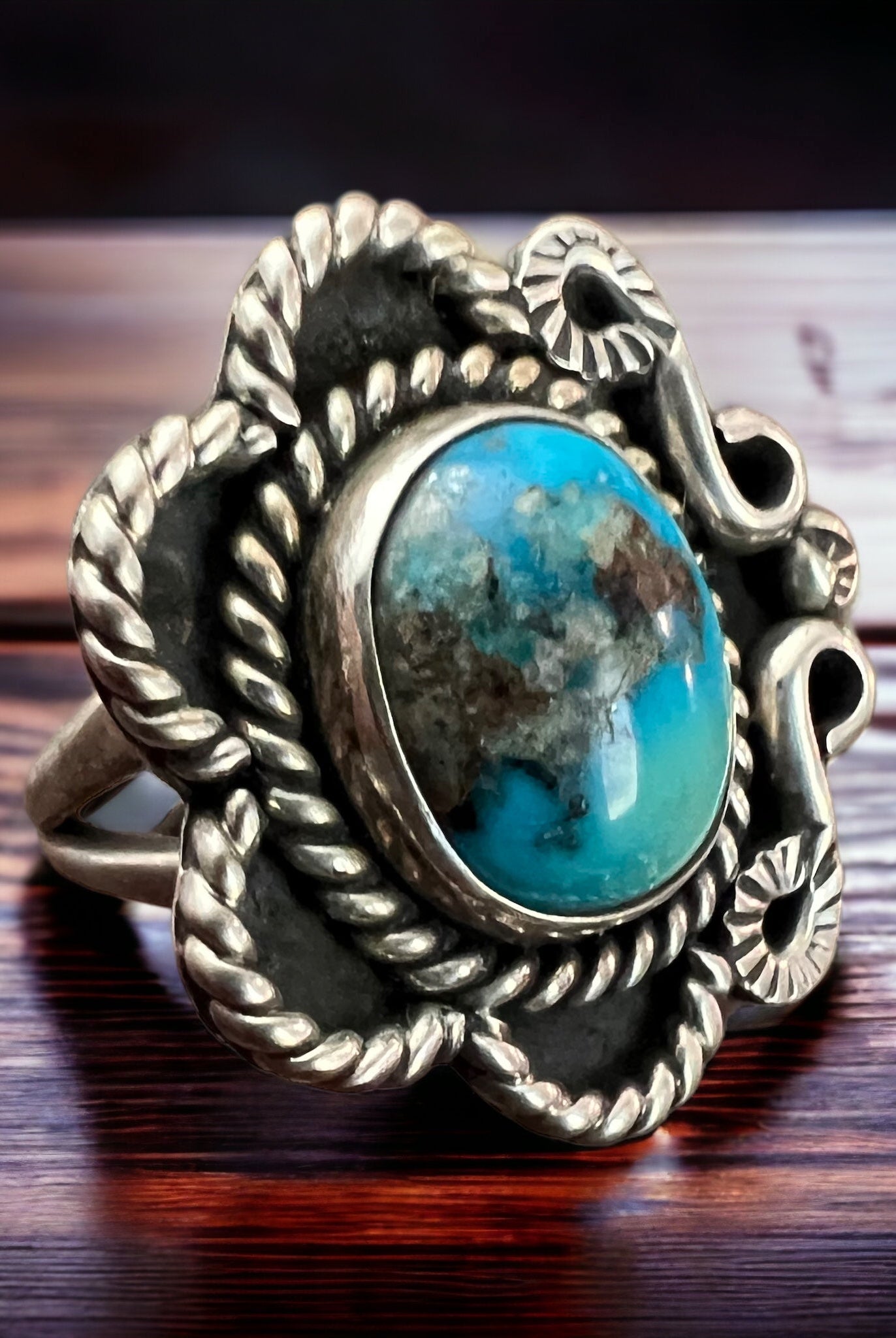 Turquoise ring - Turquoise on hand stamped sterling - size 5 - Cowhide and Conchos