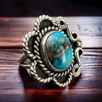 Turquoise ring - Turquoise on hand stamped sterling - size 5 - Cowhide and Conchos