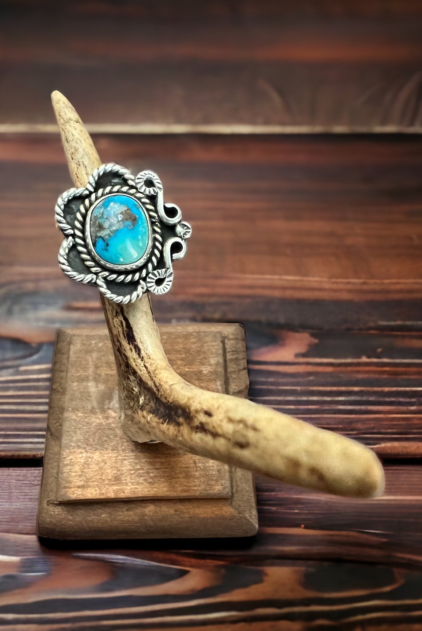 Turquoise ring - Turquoise on hand stamped sterling - size 5 - Cowhide and Conchos