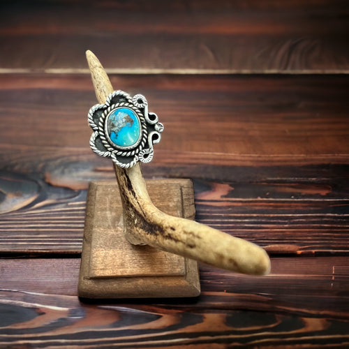 Turquoise ring - Turquoise on hand stamped sterling - size 5 - Cowhide and Conchos