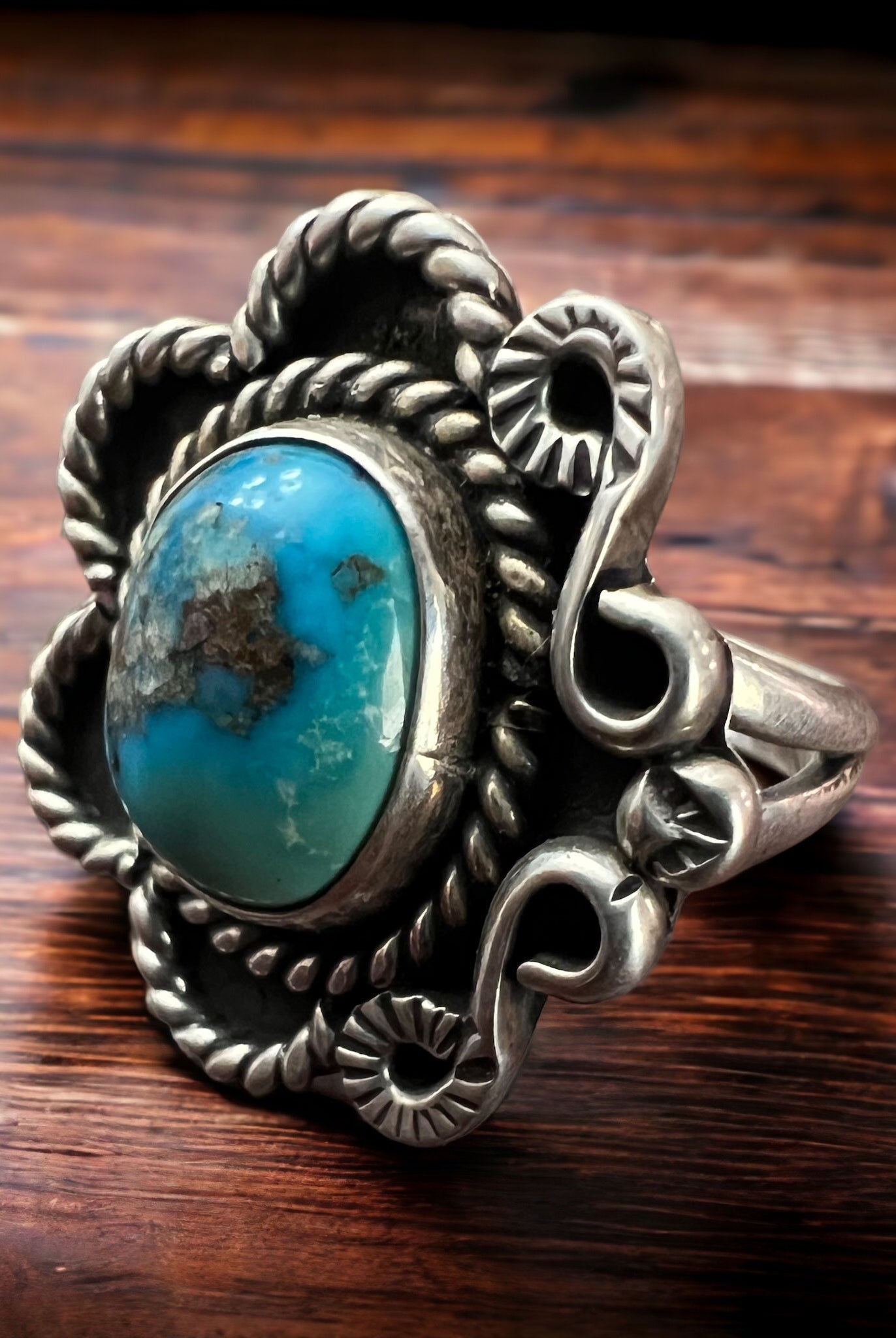Turquoise ring - Turquoise on hand stamped sterling - size 5 - Cowhide and Conchos