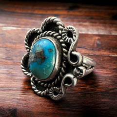 Turquoise ring - Turquoise on hand stamped sterling - size 5 - Cowhide and Conchos