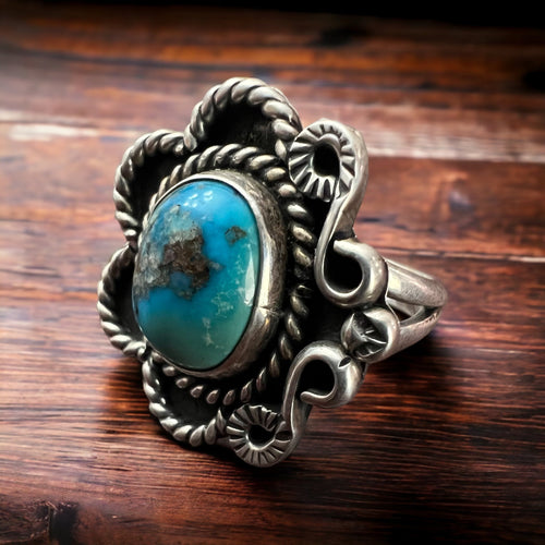 Turquoise ring - Turquoise on hand stamped sterling - size 5 - Cowhide and Conchos