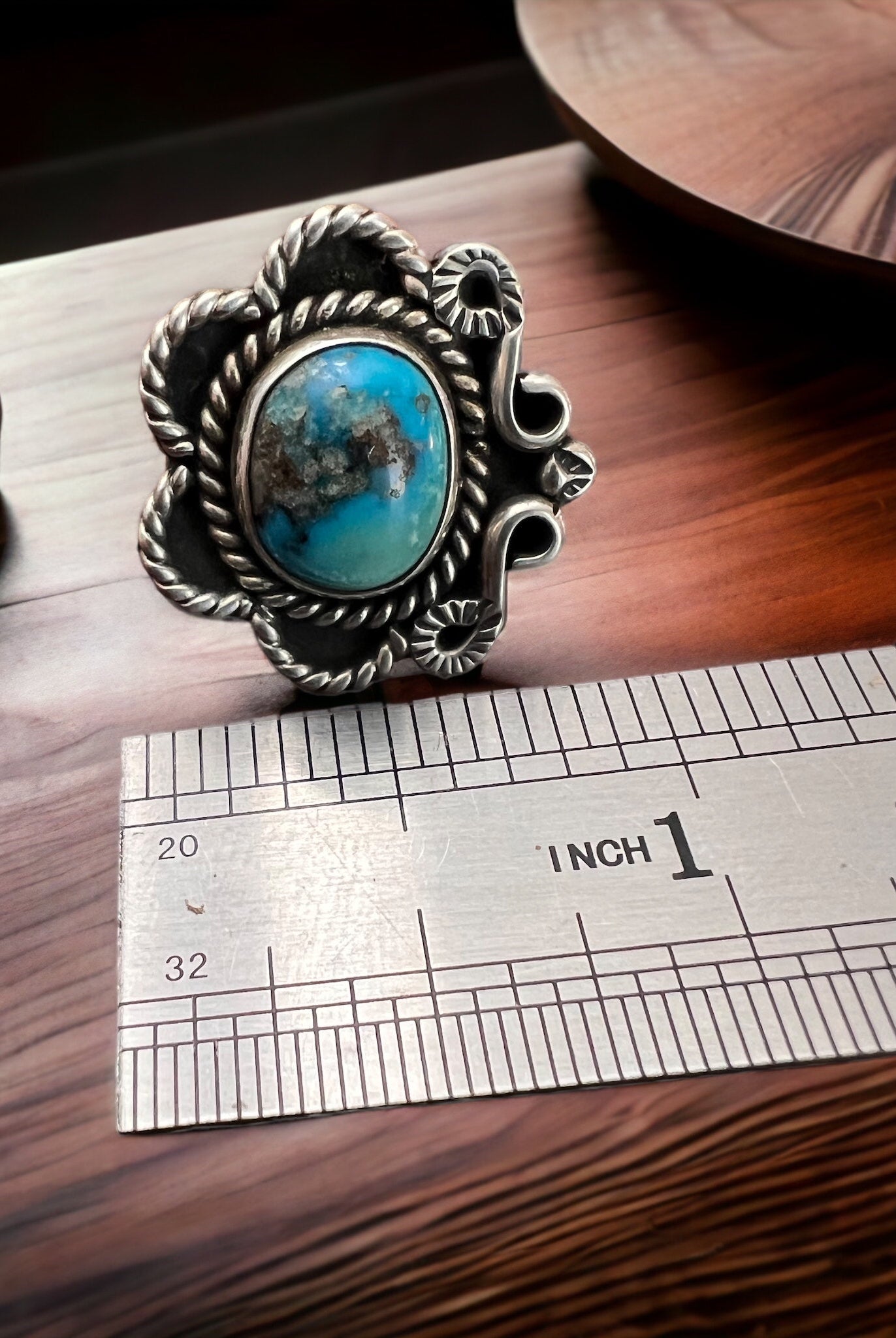Turquoise ring - Turquoise on hand stamped sterling - size 5 - Cowhide and Conchos